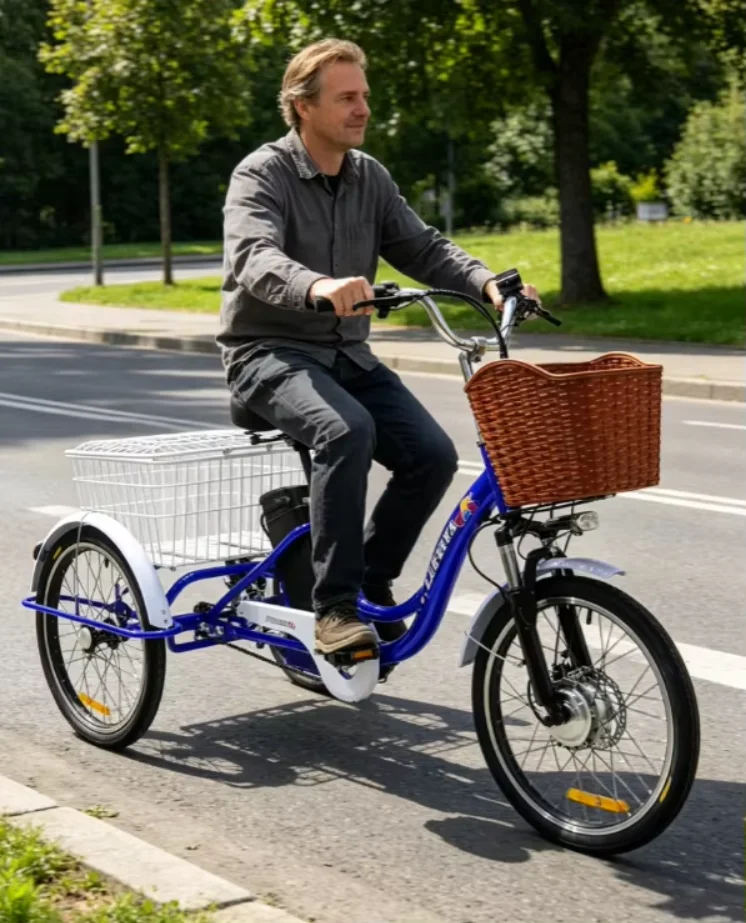 Adult 3 Wheel Electric Tricycle Lithium Battery 12A 350W 24 Inch Pull Basket 7-Speed Carbon Steel Frame Disc Brakes Front Hub