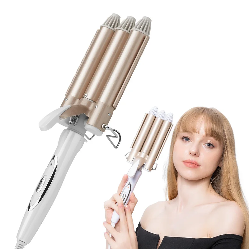 

hair waver iron 22/25mm triple barrel hair curler professional ceramic hair curler 3 barrel curling iron wand, Rose gold