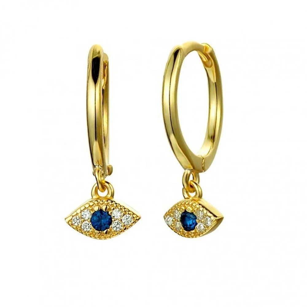 

New Fashion Silver Plated Full Diamond Blue Eye Huggie Earring Micro Pave CZ Zirconia Evil Eyes Drop Earrings, White, gold