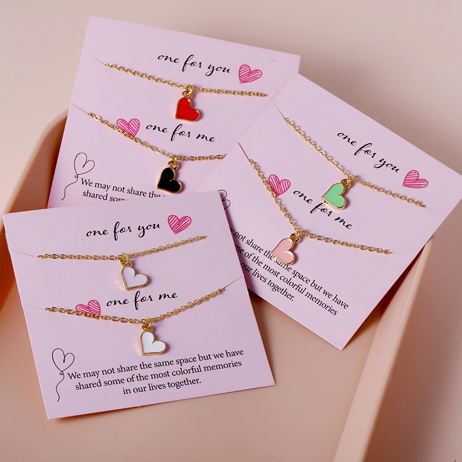 

2PCS/Card Trendy Female Sisters Gift Minimalist Colorful Enamel Heart Pendant Friendship Necklace Jewelry For Woman Girls, As photo shows