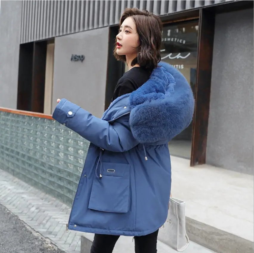 

2021 Autumn New Warm Fur Collar Thick Jacket Fashion Short Hooded Parkas Coat Winter Jackets Women Office Lady Streetwear, Many