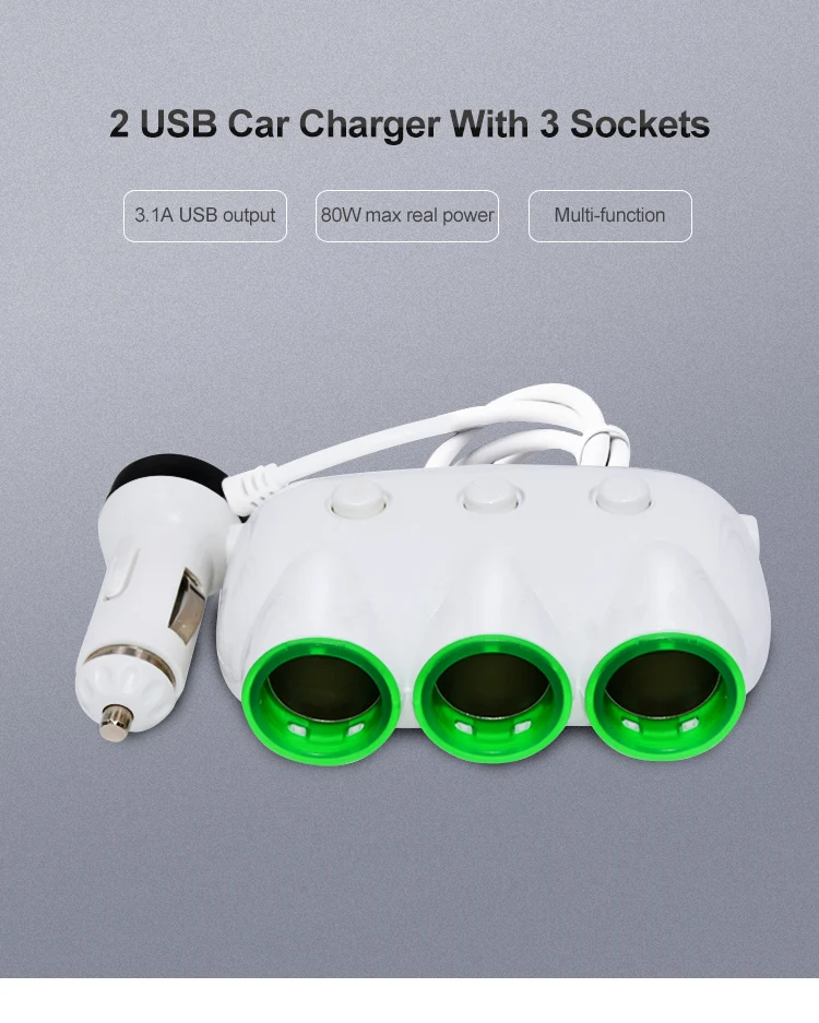 ABS 5V 3.1A Dual 2 USB 3 Cigar Cigarette Lighter Socket Car Charger Splitter Adapter With Two USB And 3 Switch Button