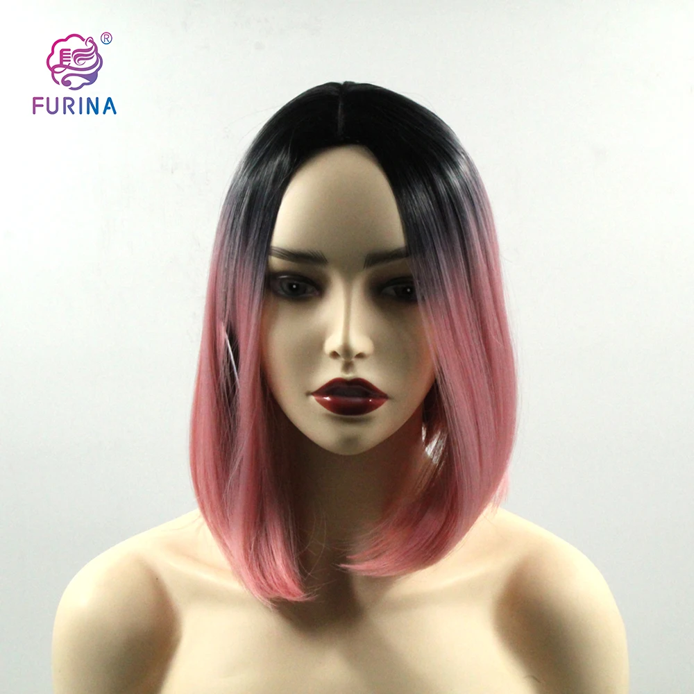 

New arrival cheapest high temperature machine made 1b/pink middle part short bob straight wigs