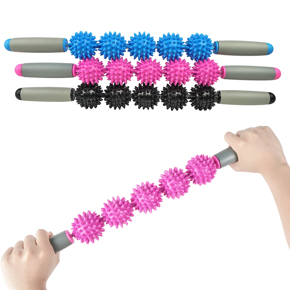 

Body Deep Tissue Massage Stick Tools Cellulite Massager 5 Balls Muscle Massage Roller, Black, pink, blue