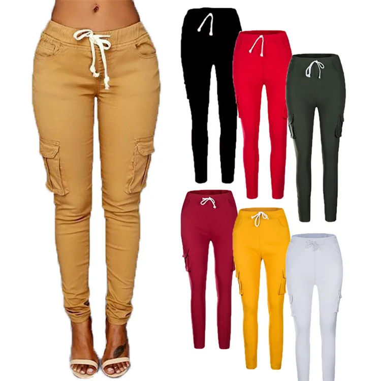 

Casual Ladies Pencil Pants Solid Color Multi Pocket Autumn Women Drawstring Trousers, Customized color