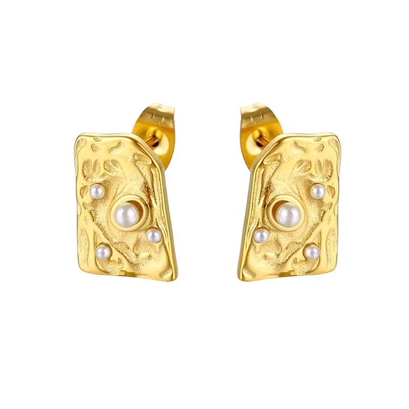 

18K Gold Plated Stainless Steel Jewelry Imitated Pearl Hammered Irregular Square Stud Earrings for Women Girls