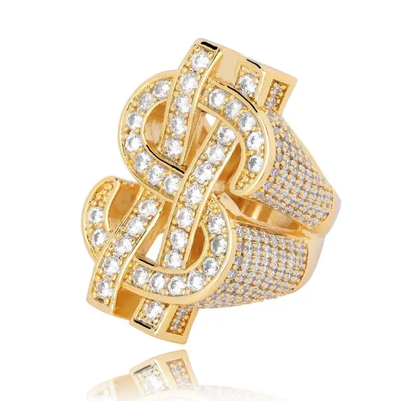 

Gold Plated $ Symbal Rings CZ Diamond Hipster Iced Out US Money Hip Hop Men's Dollar Finger Ring