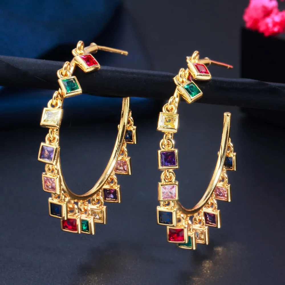 

Wholesale fashion exaggerated big circle copper 18k gold-plated zircon colorful c-shaped earrings gift anniversary, As pics