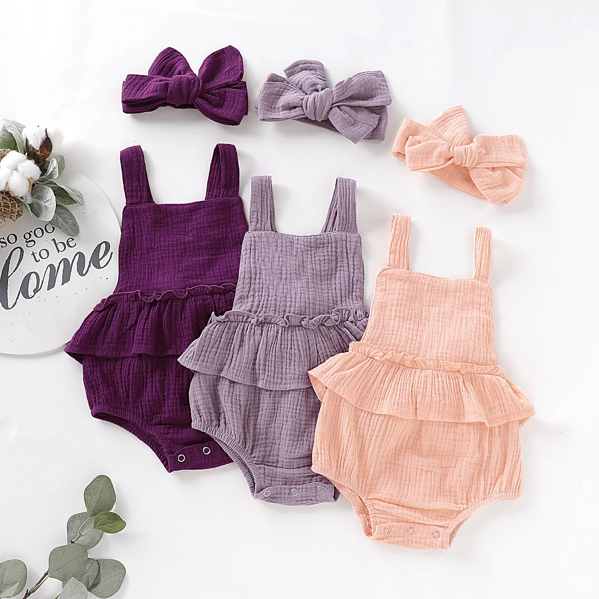 

Hot sell three color cotton and hemp short sleeve floral baby girls bodysuit romper with two-piece headdress, Dark purple/pink/light purple