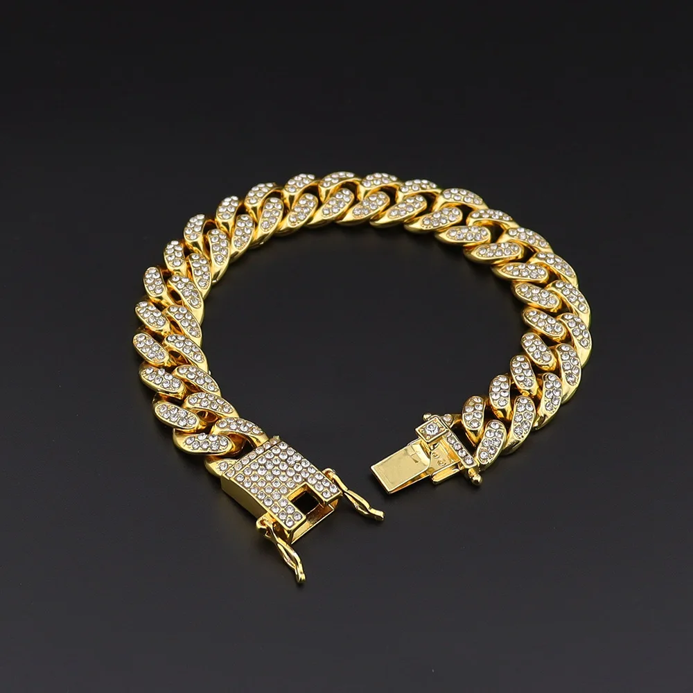 

Men's Hip hop Style White Gold Plated Iced Out Diamond Butterfly Clasp Charm Bracelet CZ Zircon Miami Cuban Chain Bracelet, Picture shows