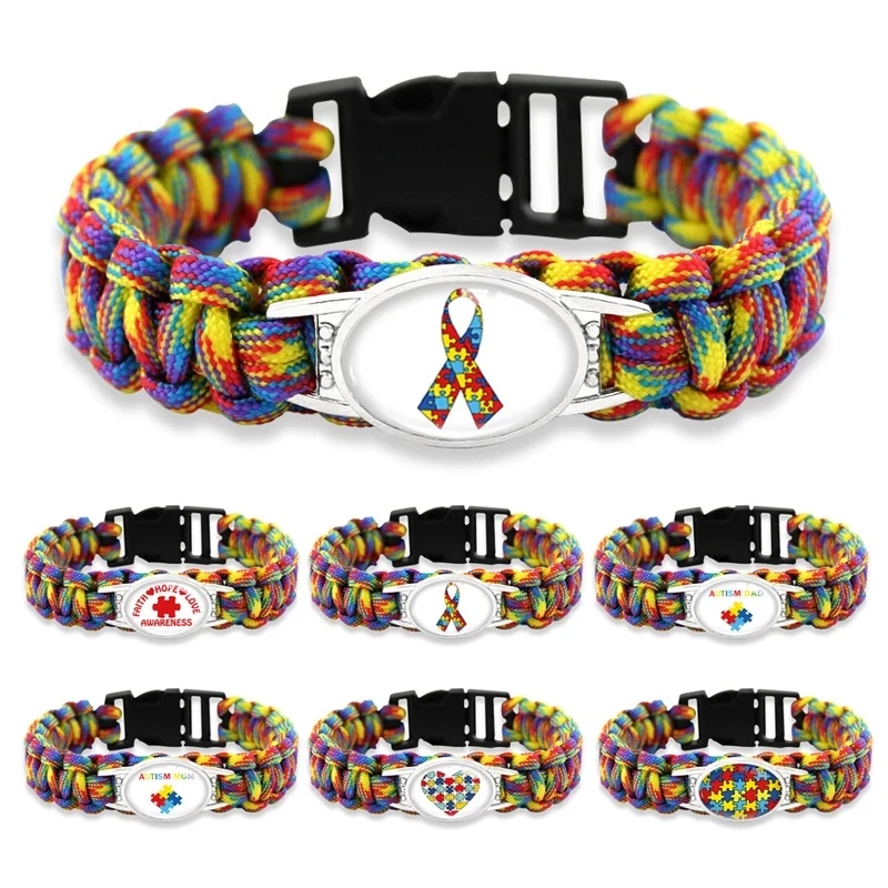

Faith Hope Love Autism Dad Mom Aunt Grandma Awareness Ribbon Puzzle Pieces Womens Wristbands OEM ODM Paracord Survival Bracelets, Multi-colors/accept custom colors