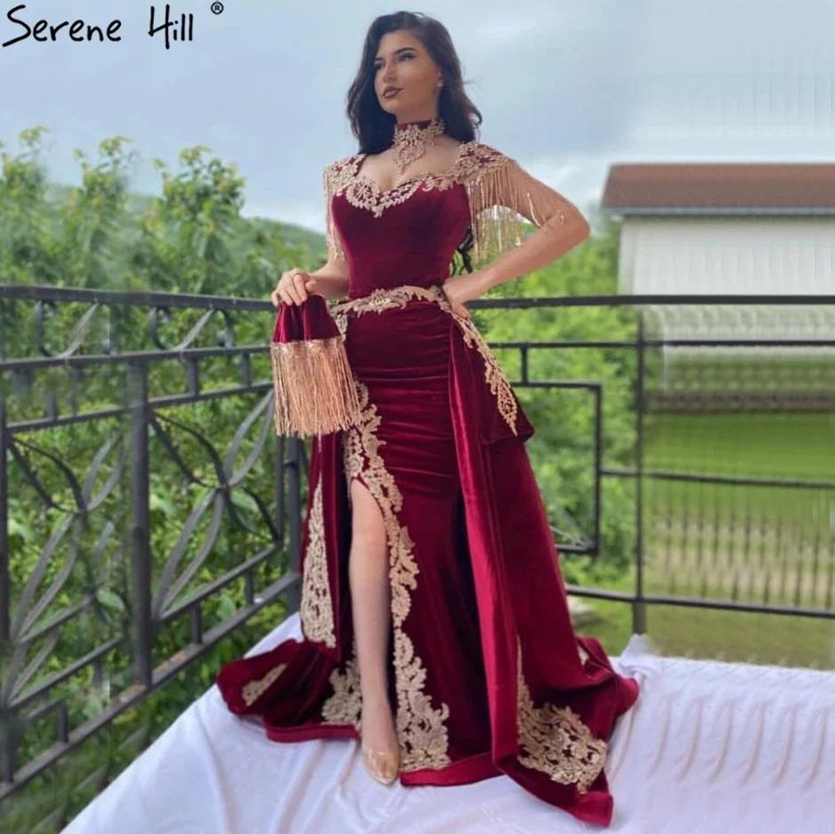 

Burgundy Wine Red Velvet Mermaid Tassel Evening Gowns Serene Hill LA70789 Sexy Split Detachable Over Skirt Women Party Dress