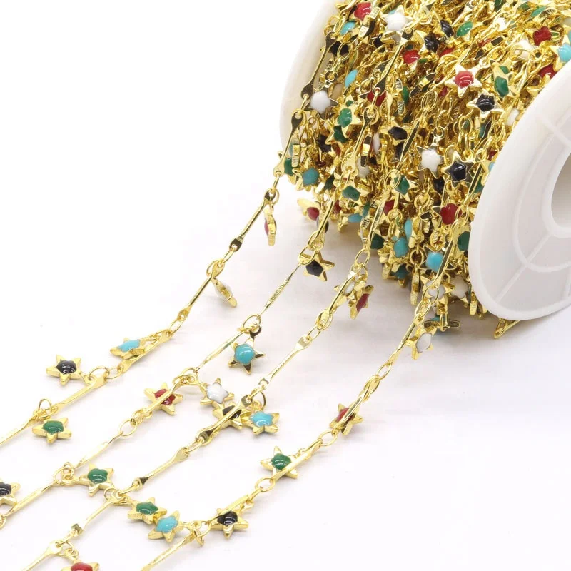

Wholesale fashion 18k gold plated brass chain roll with multicolour beads for necklace bracelet jewelry design, Gold, silver, rose gold, black