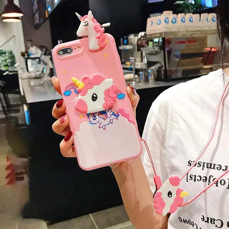 

For iPhone 11 Pro Max 11 Pro Xs X 7 8 Rainbow Unicorn 3D Doll Holder Stand Strap Cute Soft Phone Case