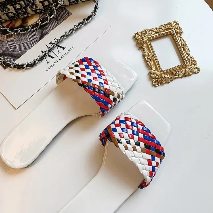 

Sandals female 2020 newflat shoes for women and ladies small fragrance wind square head sandals slippers, White/black/red/yellow/blue