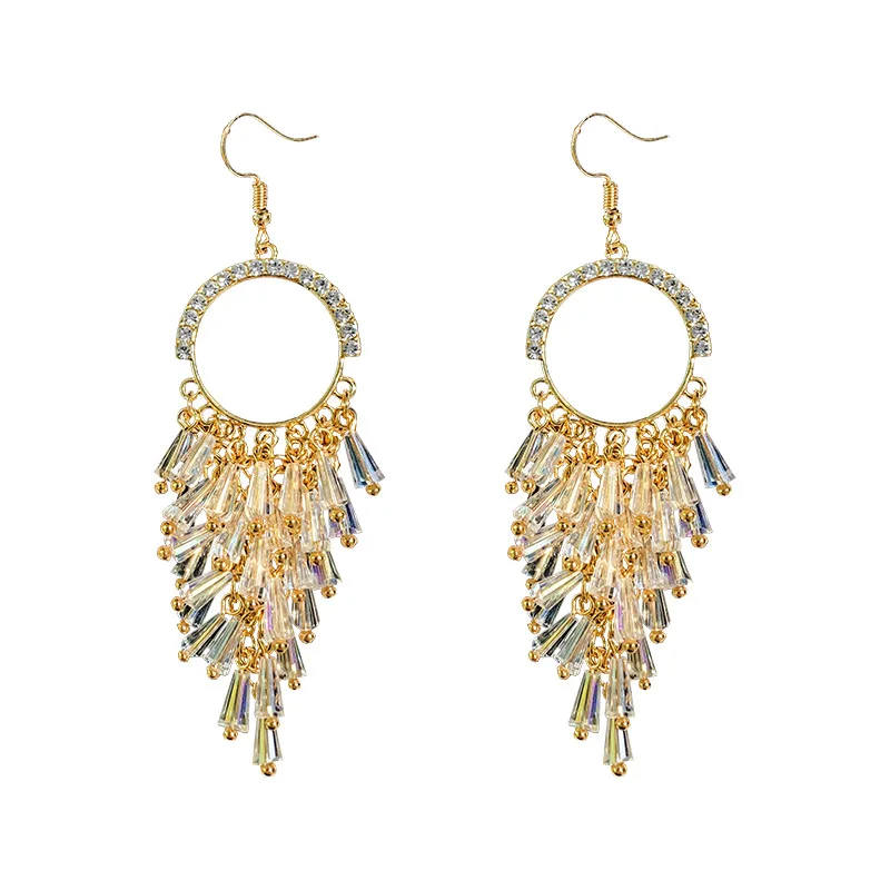

Statement Wedding Jewelry 18k Gold Rhinestone Circle Tassel Hook Earrings Long Crystal Tassel Chandelier Earrings