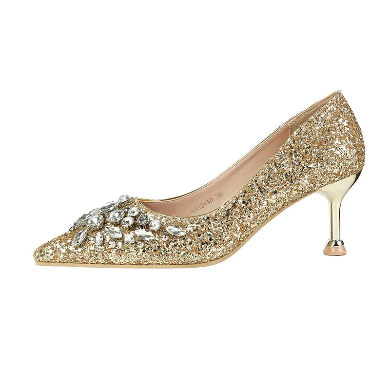 

2022 New Arrival Image Sexy Ladies High Heels Solid Color Pointed Toe Bling Rhinestone Sequins Shallow Mouth Women Pumps 2020
