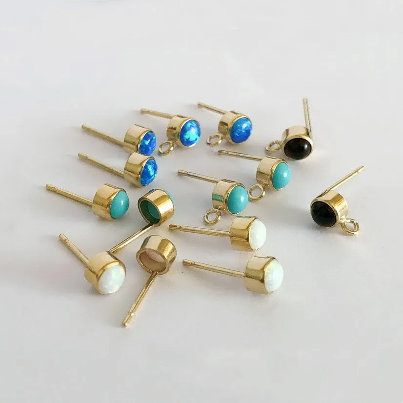 Vintage 14K Gold Filled 4mm Black Onyx Opal Post Earring W/ring for Fashion Jewelry Making Stud Earrings