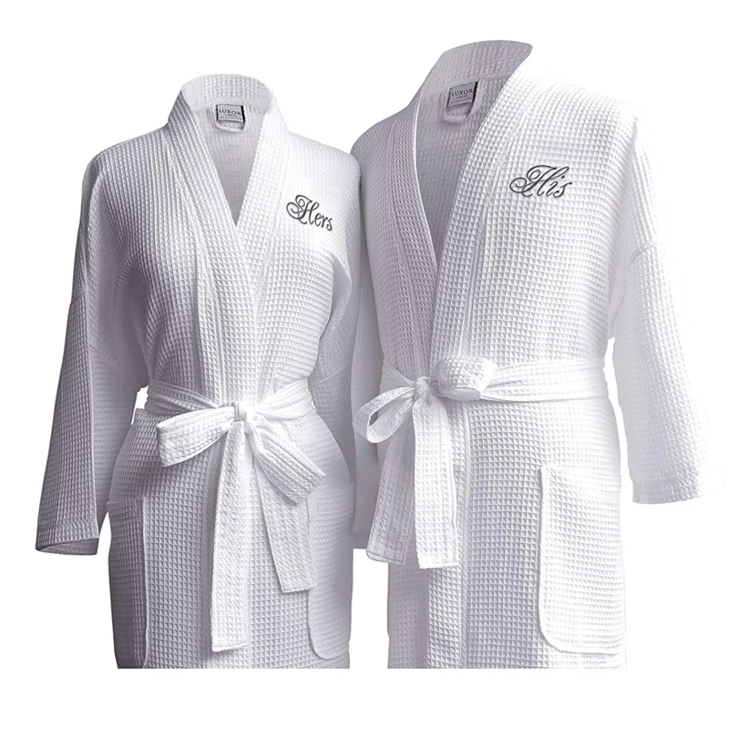 

Wholesale Custom 5 Star Hotel Logo White Bath Robe Quick Dry Breathable 100% Cotton Kimono Waffle Spa Bathrobe, White or customize