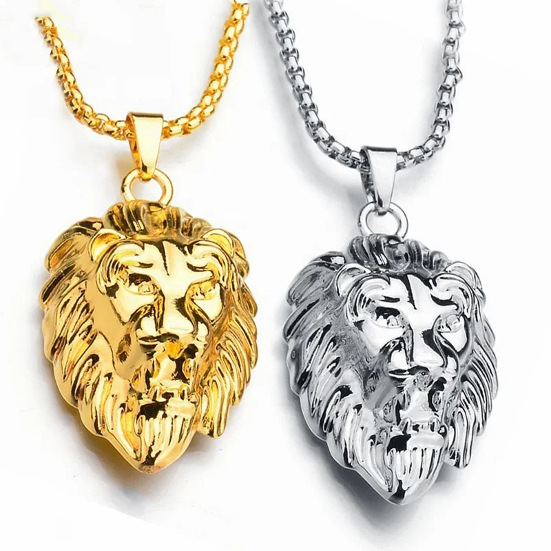 

Stainless Steel Lion Head Chain Necklaces Hiphop Rock Animal Necklace Jewelry Gold Sliver Black Color Pendant For Men Boys, Gold/silver/black