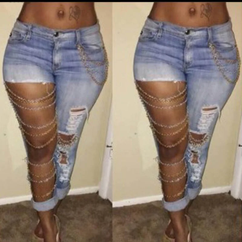 

Exaggerated big ripped jeans women's chain pendant stretch organic cotton feet trousers pants rip jean short women