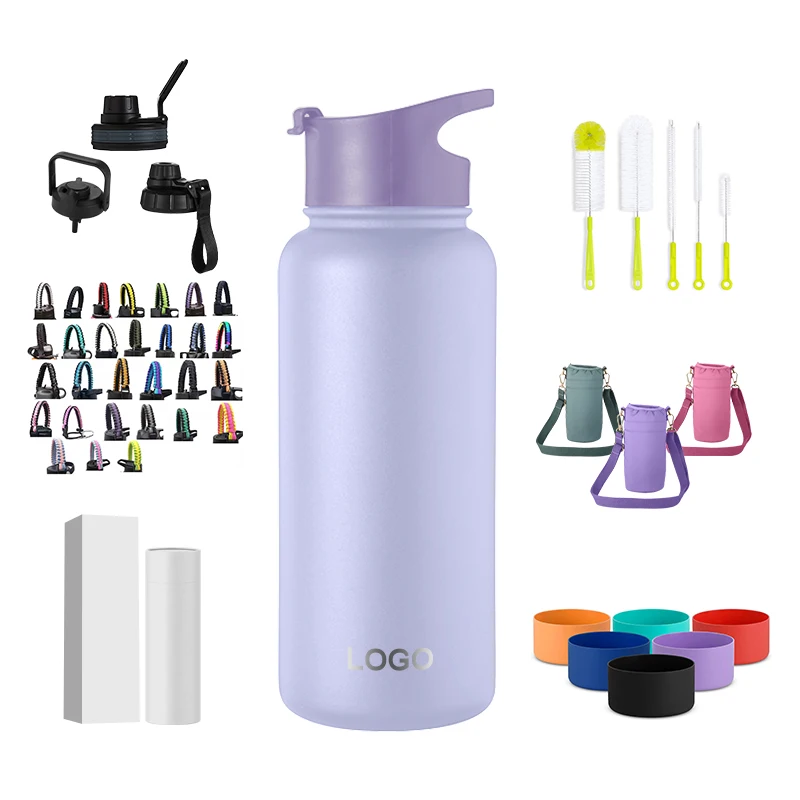 

BPA Free Insulated Water Bottle with Straw 32oz Stainless Steel Travel Reusable Wide Mouth Flask with 3 Lids Straw & Spout Lid