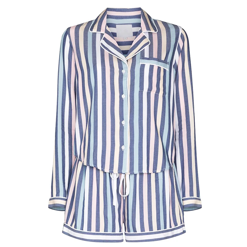 

Multicolour Rayon And Cotton V-neck Sleepwear Set Striped Pajamas Women With Pockets, Customized color
