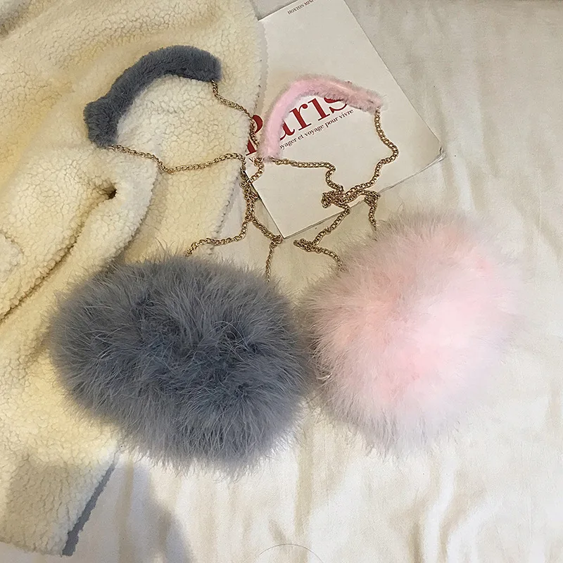 

High quality colored chain turkey feather bagsreal fur hand bag for women