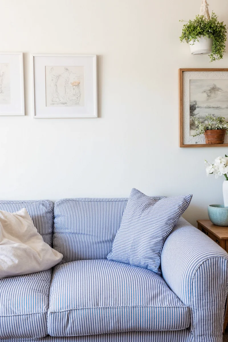 Living room styled with blue and white striped sofa