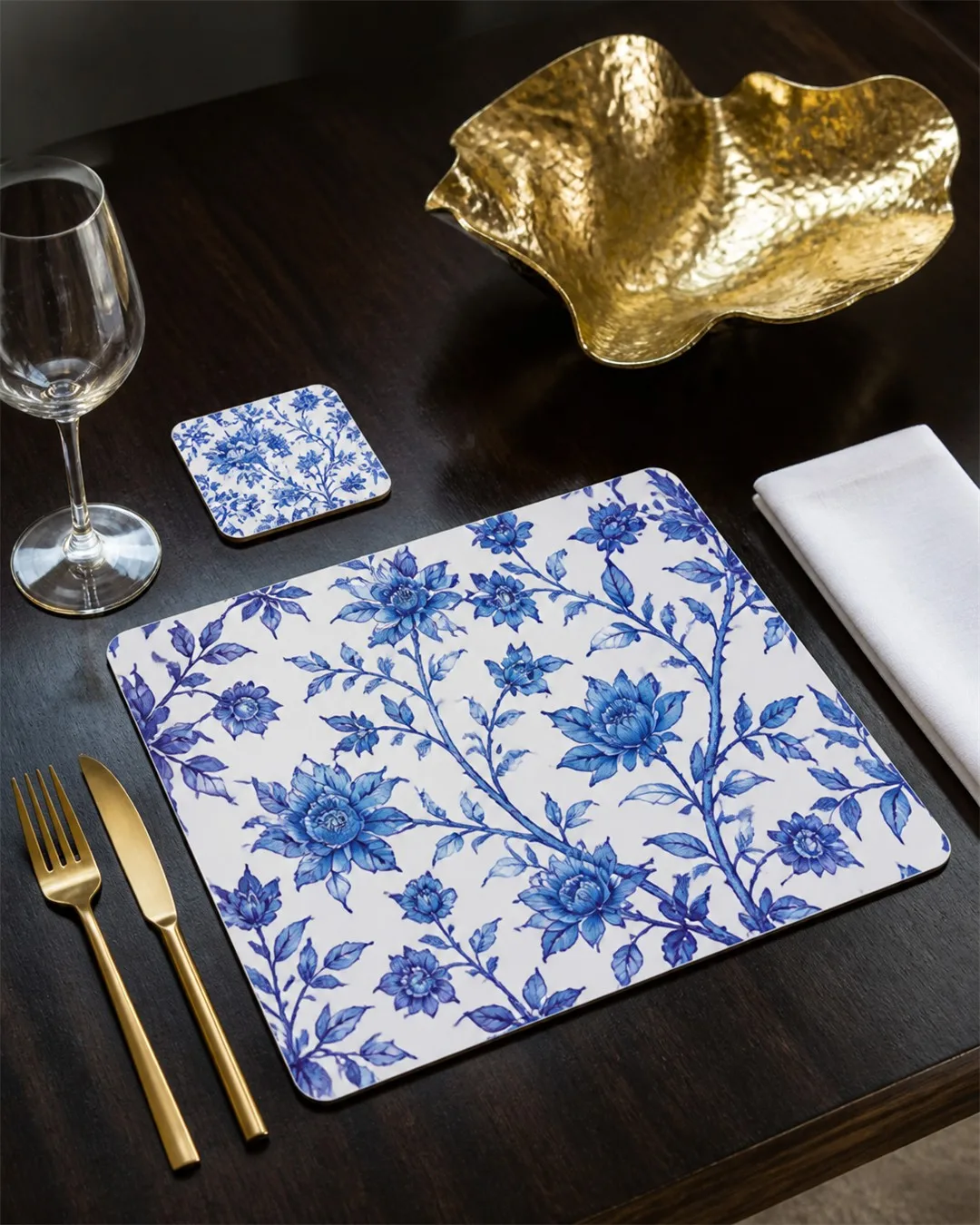 Blue and White Chinoiserie Placemat and Coaster Set