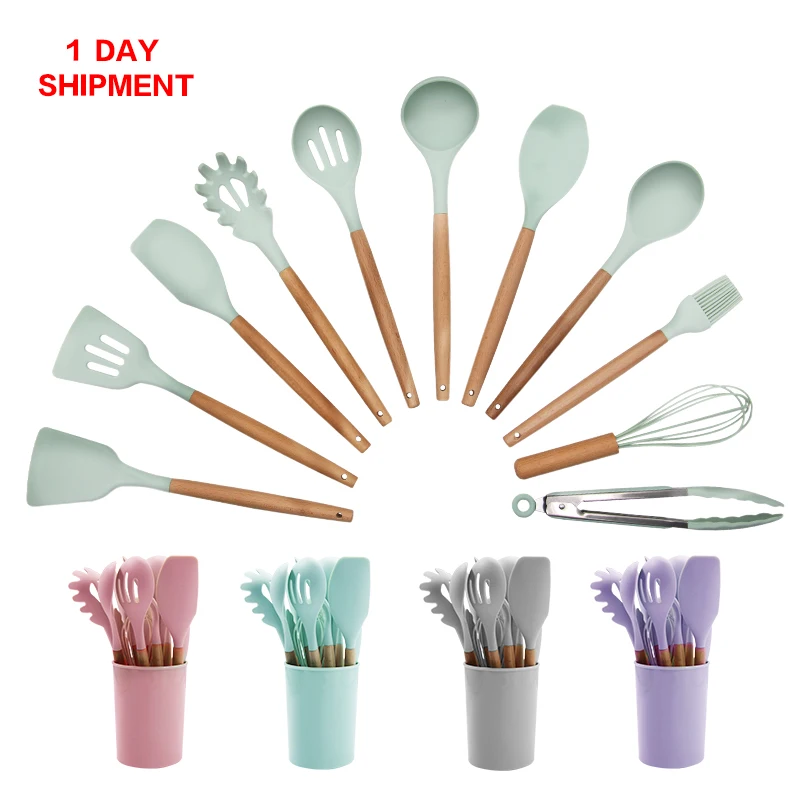 

Green Silicone Food Kitchen Cooking Tool Baking Whisk Kitchen Accessories Utensils Set With Holder, Customized