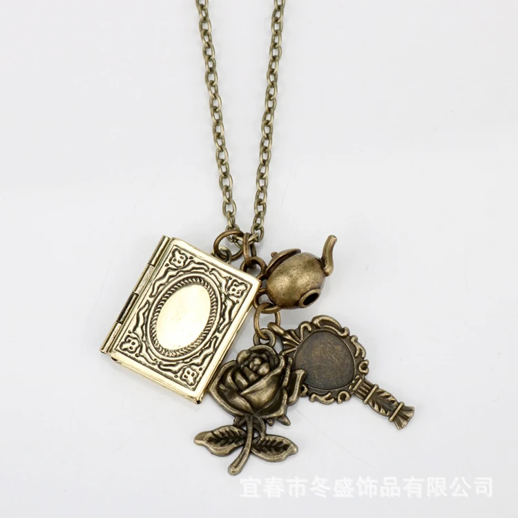 

Vintage Beauty and Beast Book Rose Flower Key Pendant Necklace for Women Jewelry