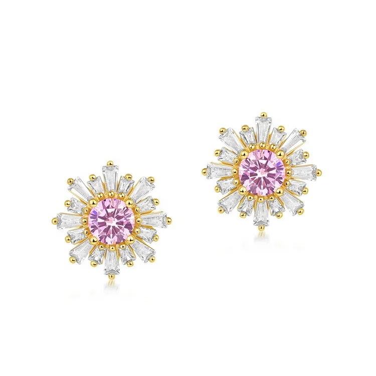 

Shiny Sunshine Pink Crystal Flower Stud Earrings Silver 925 Baguette Shape Cubic Zirconia Elegant Winter Snowflake Stud Earrings