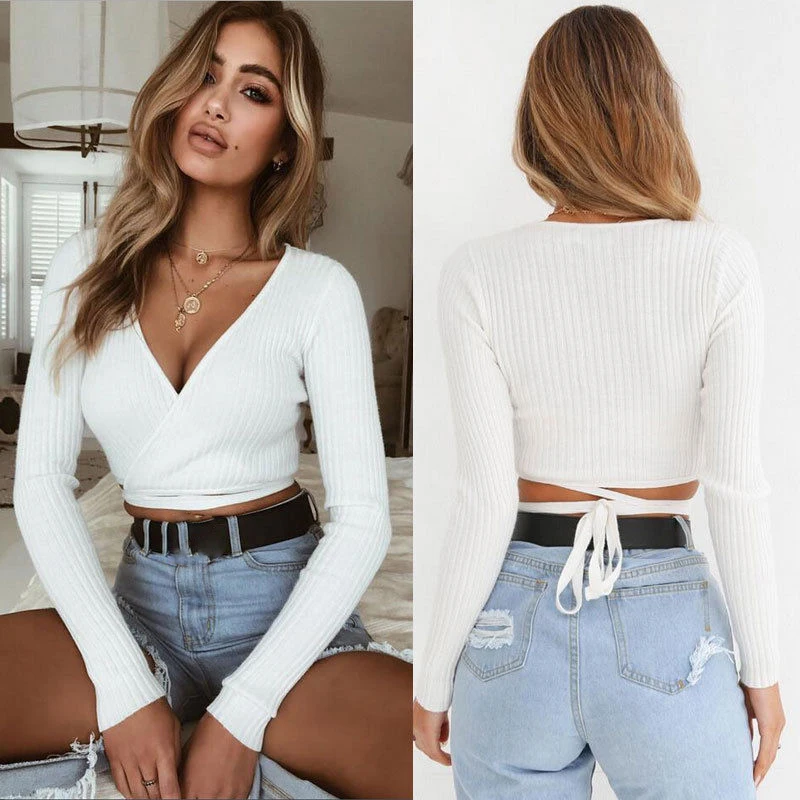 

Casual Solid V Neck Knitted Short Tops Sexy Women Ladies Summer Slim Crop Tops Long Sleeve T Shirt