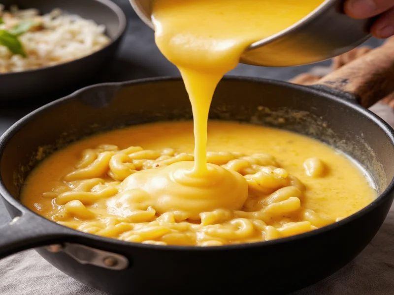 Smooth cheese sauce being poured over cooked pasta in a pot