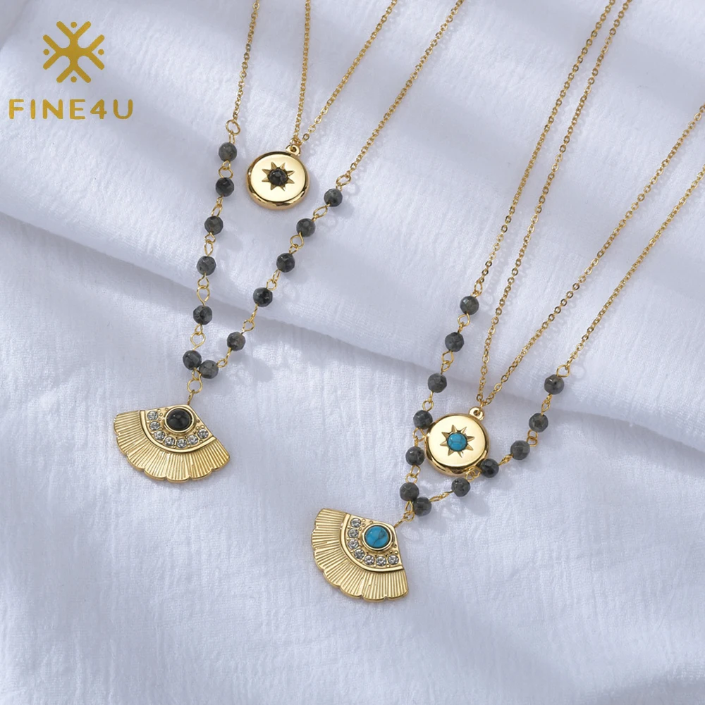 

Western jewelry stainless steel double layer turquoise ginkgo leaf star sun pendant bead chain 14k gold plated necklace, Green/black