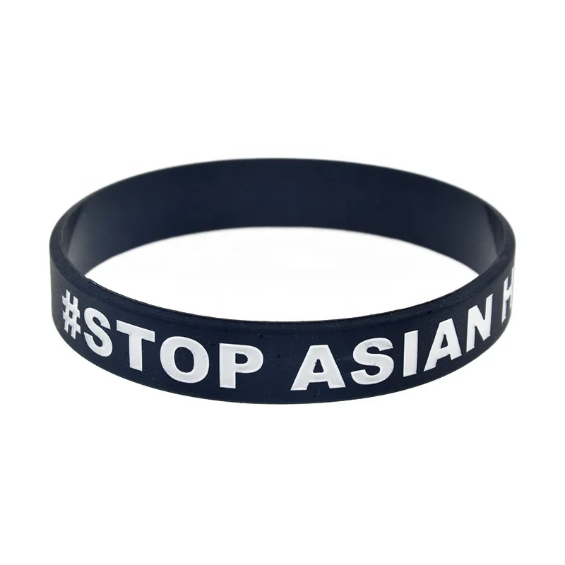 

1PC Stop Asian Hate Silicone Bracelet Adult Size Black and White, Black, white