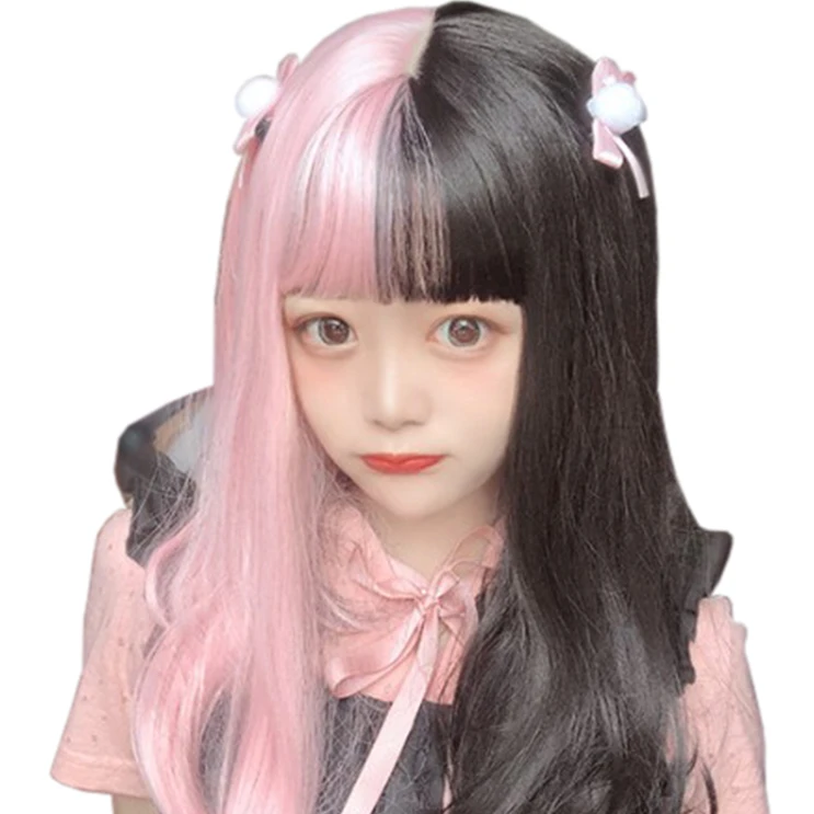 

Black and Pink Hair Long Short Straight Curly Harajuku Princess Lolita Sweet High Temperature Silk Cosplay Party Crazy COS Wig, Pic showed