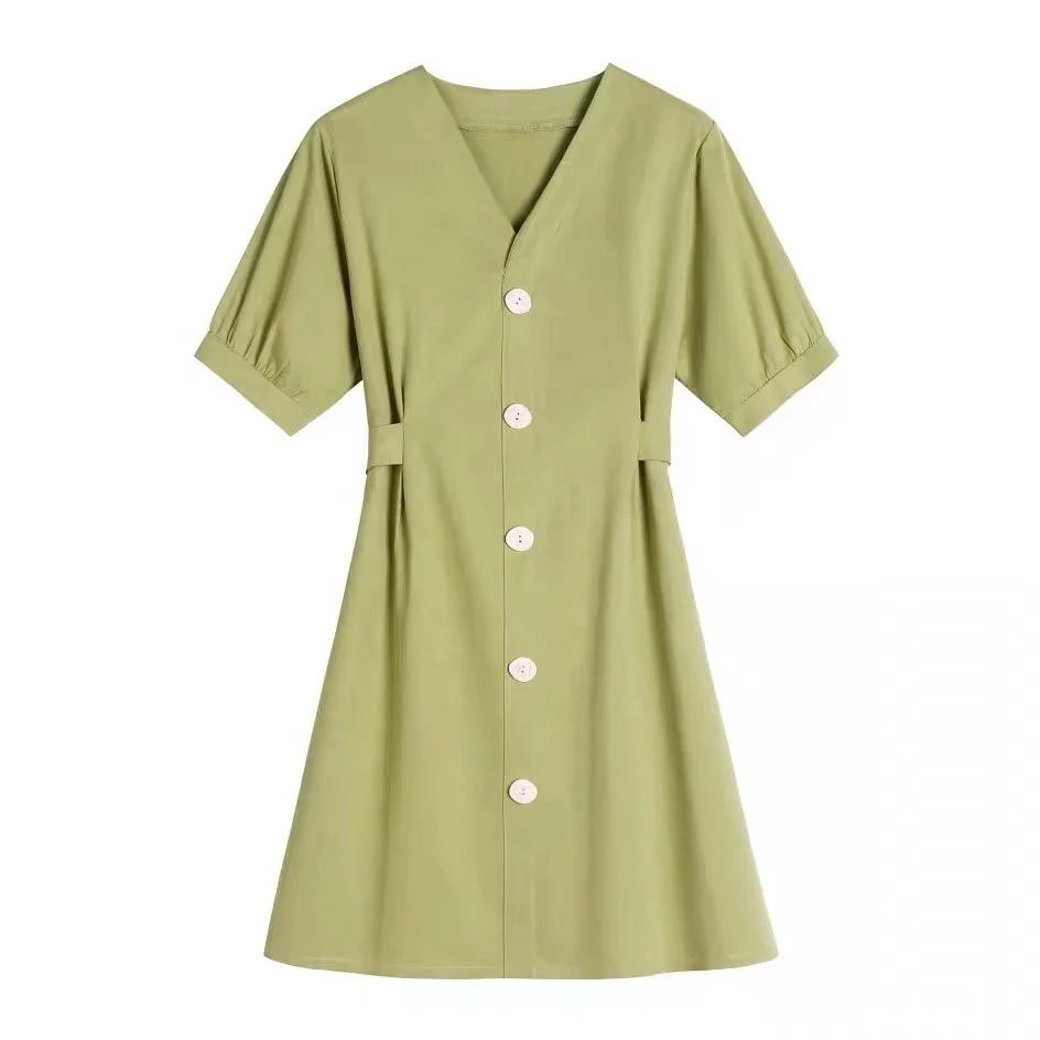 

Fashion vintage summer ladies women green linen casual dresses