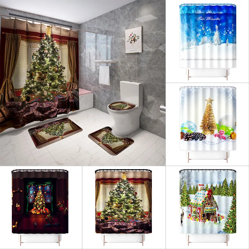 

Fantasy creative christmas tree pattern design bathroom shower curtains sets with floor mats