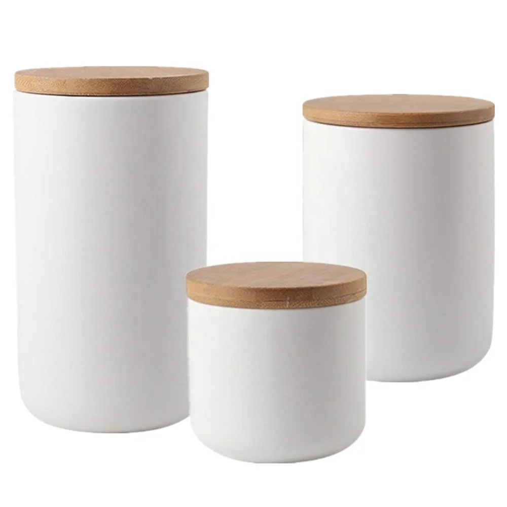 

Custom Design Porcelain Kitchen Pattern Ceramic Storage Jar Canister white and custom ceramic jars wooden lids