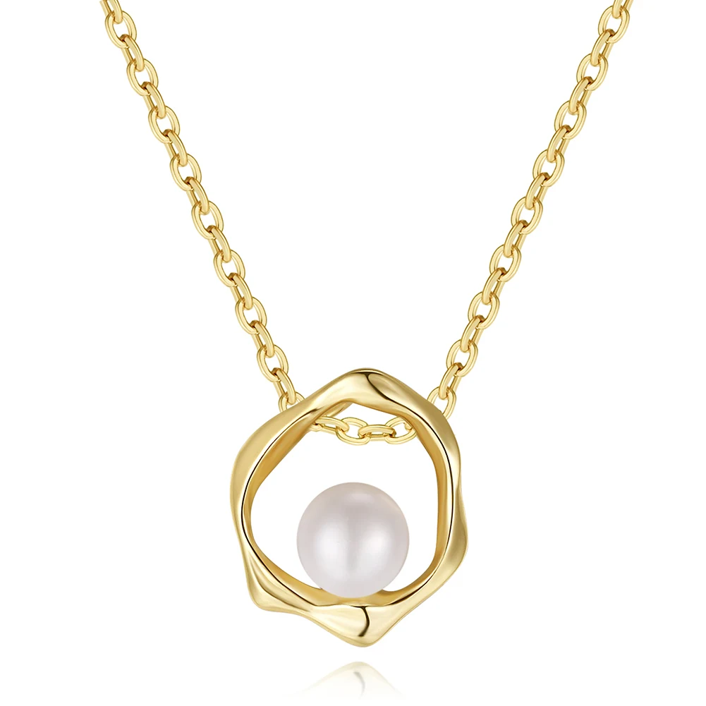GPN44 6mm Freshwater Cultured Pearl Irregular Circle Pendant Necklace for Women 925 Sterling Silver Glod Plated Costume Jewelry
