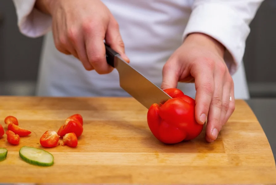 Professional chef's hands demonstrating proper grip on a sharp knife while cutting a red bell pepper on a wooden cutting board