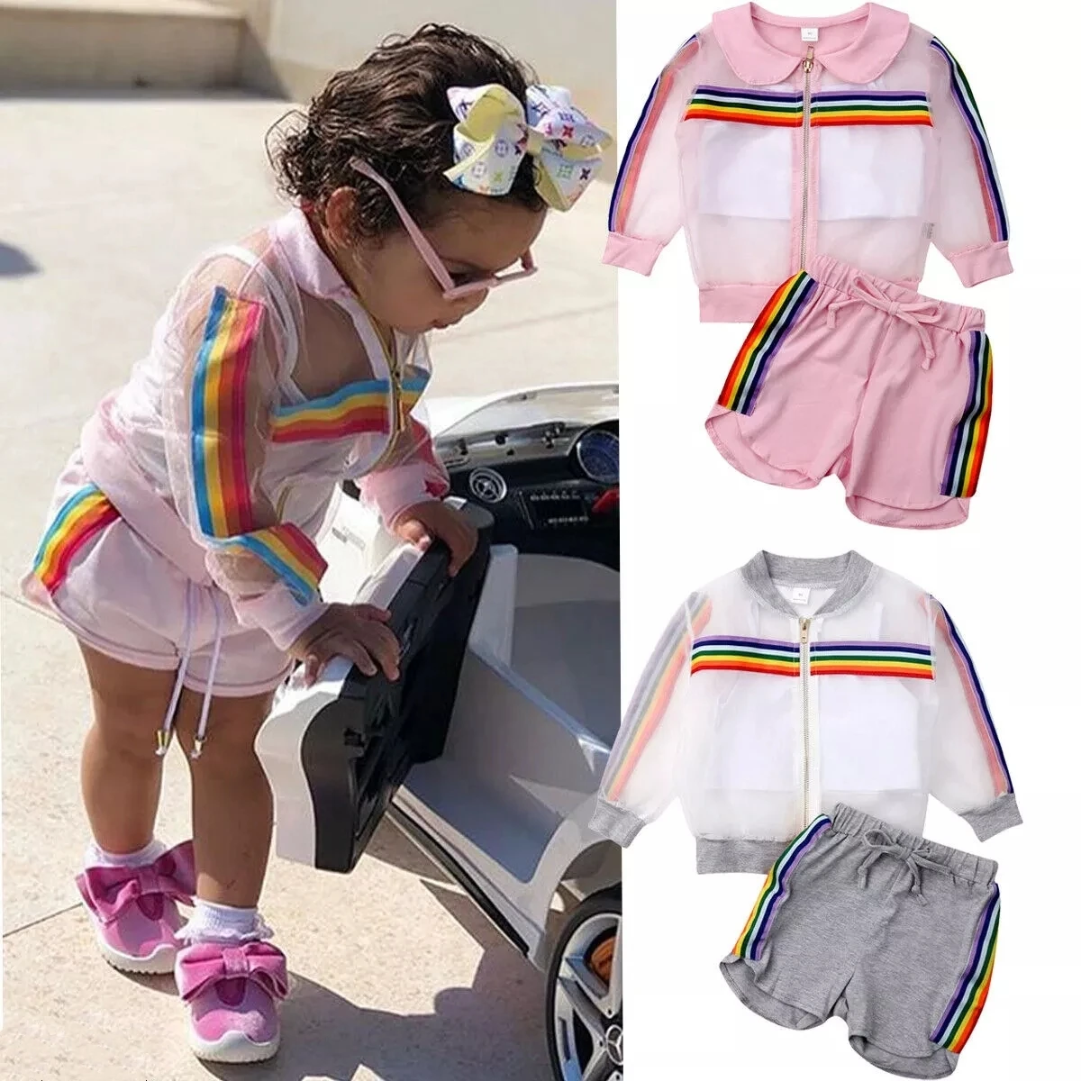 

2021 Toddler Baby Girl Rainbow Coat Vest Short Pants Cotton Organza Outfit 3Pcs Sunsuit Fashion Clothes Summer Set Kids Clothing