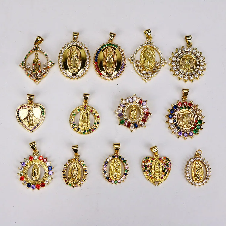 
CZ7958 Hotsale Dainty Charm 18k Gold Plated Rainbow CZ Micro Paved Blessed Mother Mary Saint Religious Pendants 