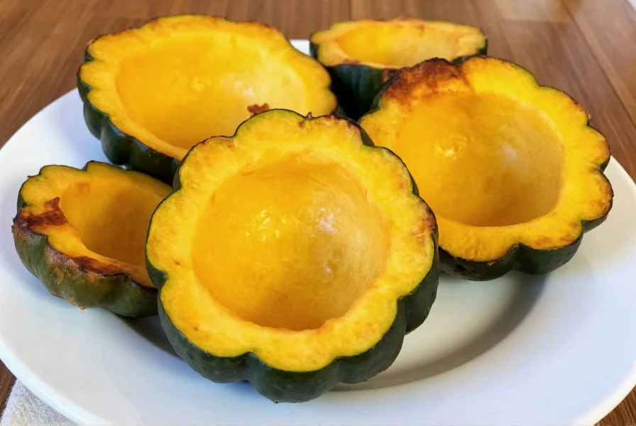 Perfectly baked acorn squash halves with golden brown edges on a white ceramic plate