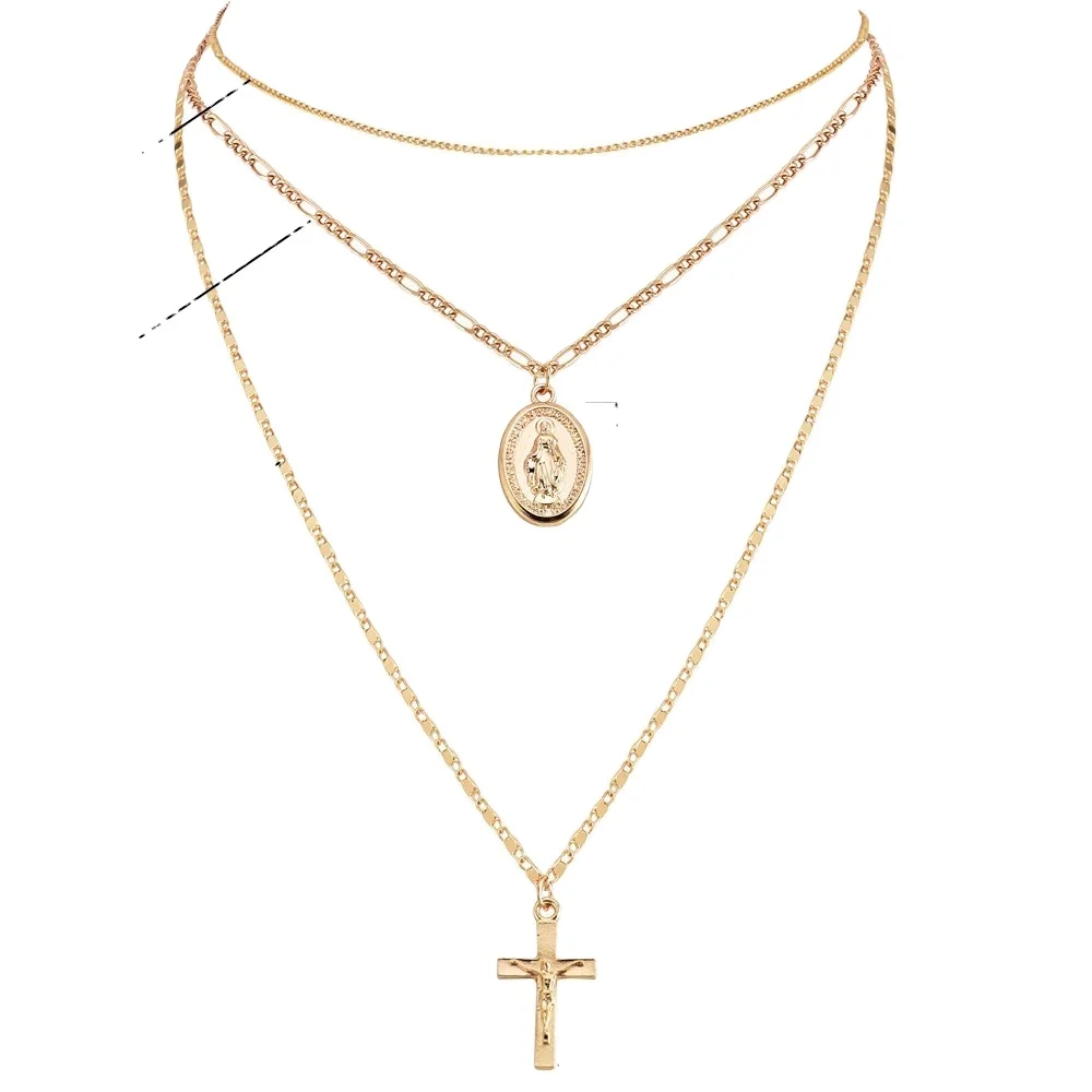 

XUNEBI Collar Jewelry Gift Multi layer Virgin Marywith Cross Pendant Necklace, White