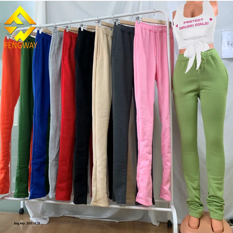 

Custom Stacked Sweatpants For Women Patchwork Fashion Sporting Joggers Skinny With Slit Women Stacked Pants, White, yellow, gray, green, black, pink, blue