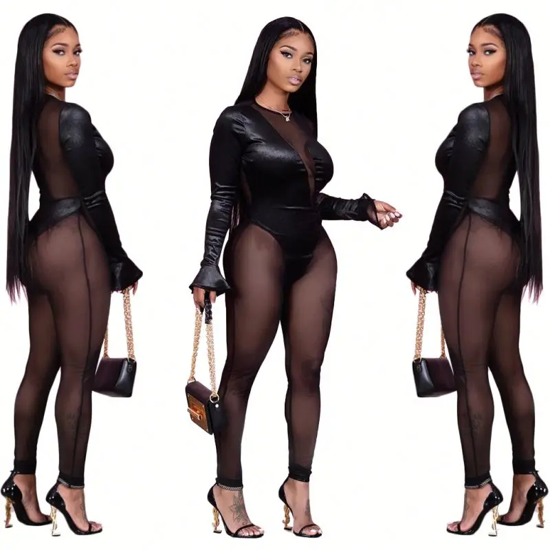 

patchwork velvet mesh one piece jumpsuit woman flared sleeve see through jumpsuit transparent