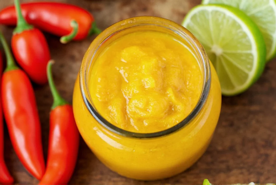 Close-up of vibrant yellow aji amarillo chili paste in glass jar with fresh peppers and lime wedges